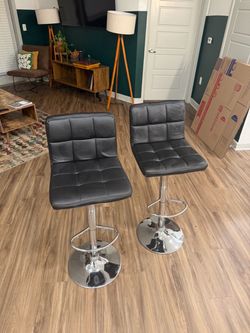 Set of 2 Modern Black Faux Leather Swivel Barstools (Adjustable Height)