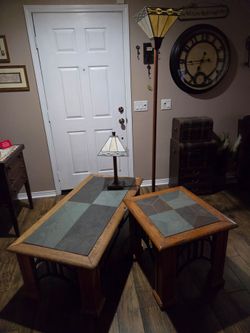 Oak and Slate Tile Coffee Table and End Table Set