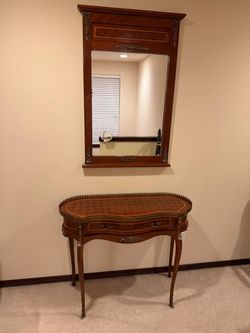 Antique Style Inlay Console Table and Matching Wall Mirror Set