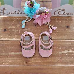 SIZE 2 (3-6MOS) INFANT BABY GIRL DUSTY ROSE DOUBLE VELCRO STRAPS MARY JANE FLATS