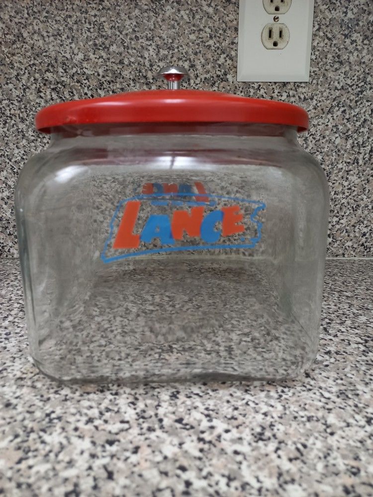 Vtg From the House of the Lance Cracker Glass Jar & Metal Lid Countertop