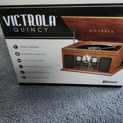 Victrola 6-in-1 Bluetooth Record Player – Turntable, CD, Cassette, Radio & Aux – Mahogany Wood Finish (New in Box)