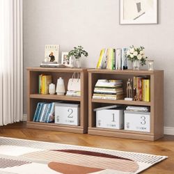 Set Of 2, 2-Tier Bookshelves Open Storage , Floor Standing Indoor Furniture Book Case for Library Office Living Room Bedroom, Salt Oak - 2 Tier