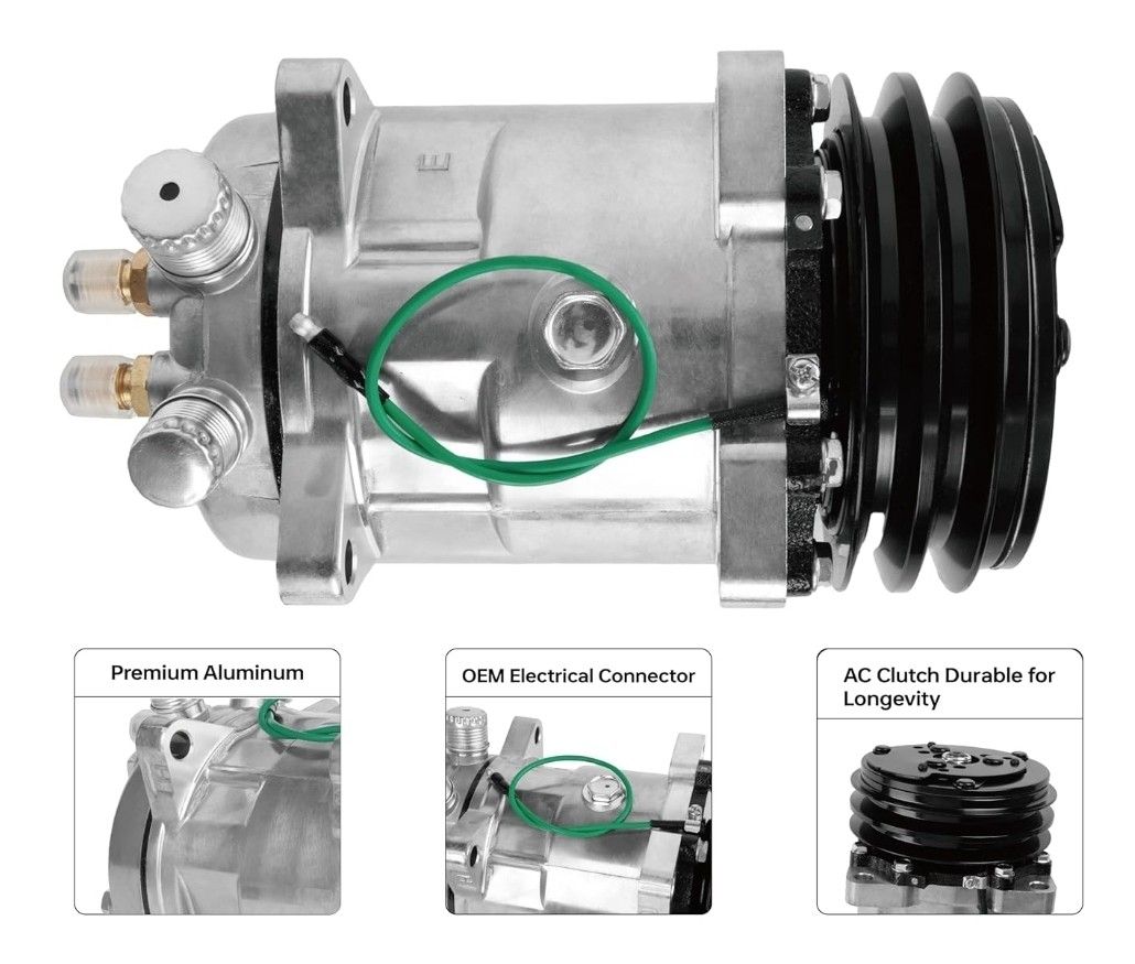 Carstech Universal A/C Compressor with Black 2PK Clutch Sanden SD 508 Style 5H14 R134A V Belt 12V