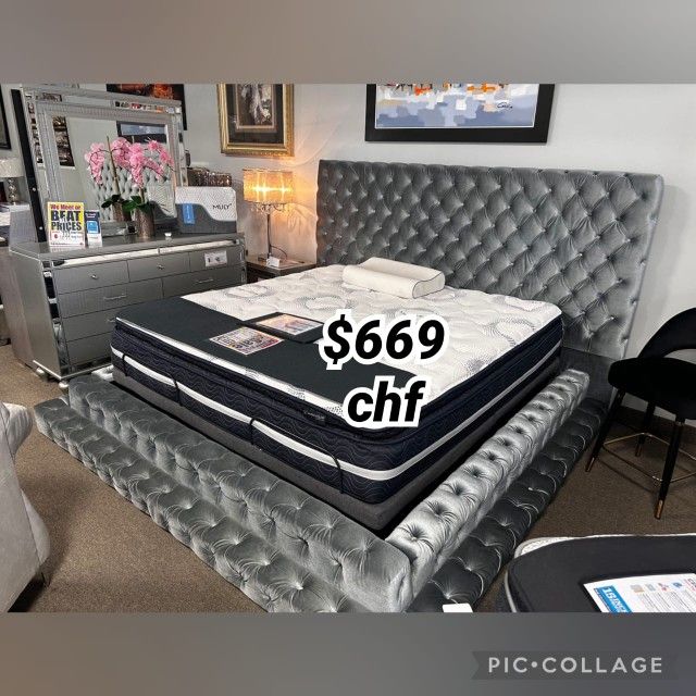 Gray Queen Size Oversized Headboard Bed Frame  