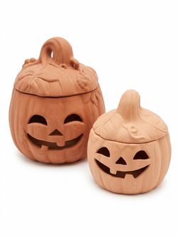 Vintage Terracotta Halloween Jack-o'-Lantern Candle Holders with Lids (Set of 2)