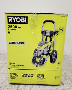 RYOBI RY142500 electric pressure washer has a brushless motor with 2500 PSI and 1.2 GPM. This unit is lime green and black with a metal wand and a 25-
