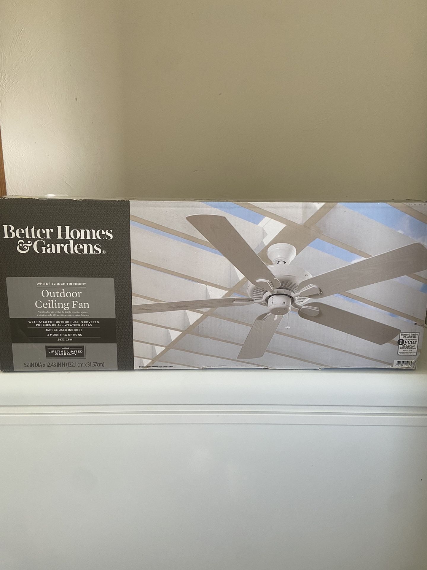 Better Homes & Gardens 52in. White Outdoor Ceiling Fan, Wet Rated, 5 Blades NEW