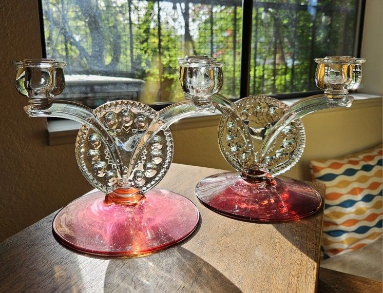 Set Of Tiffin Kings Crown Cranberry Flashed Candelabra Dual Candle Holders