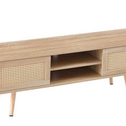 55.12" Rattan TV Cabinet, Double Sliding Doors for Storage, Adjustable Shelf, Solid Wood Legs, TV Console for Living room