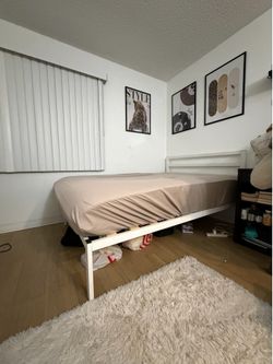 White Full Bed Frame with Headboard, Rectangular Bedroom Frame and mattress
