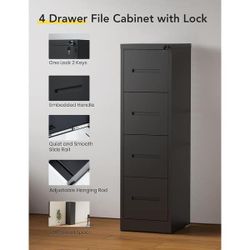4 Drawer File Cabinet with Lock,Metal Tall Filing Cabinet with Deep File Drawer,Anti-Tip Vertical Modern White File Cabinet for Home Office,Steel Stor