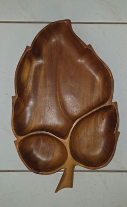 Vintage Monkey Pod Wood Leaf Divided Serving Tray 19" x 12" x 2", Hawaii hand‑carved, good used condition. Firm price, n
