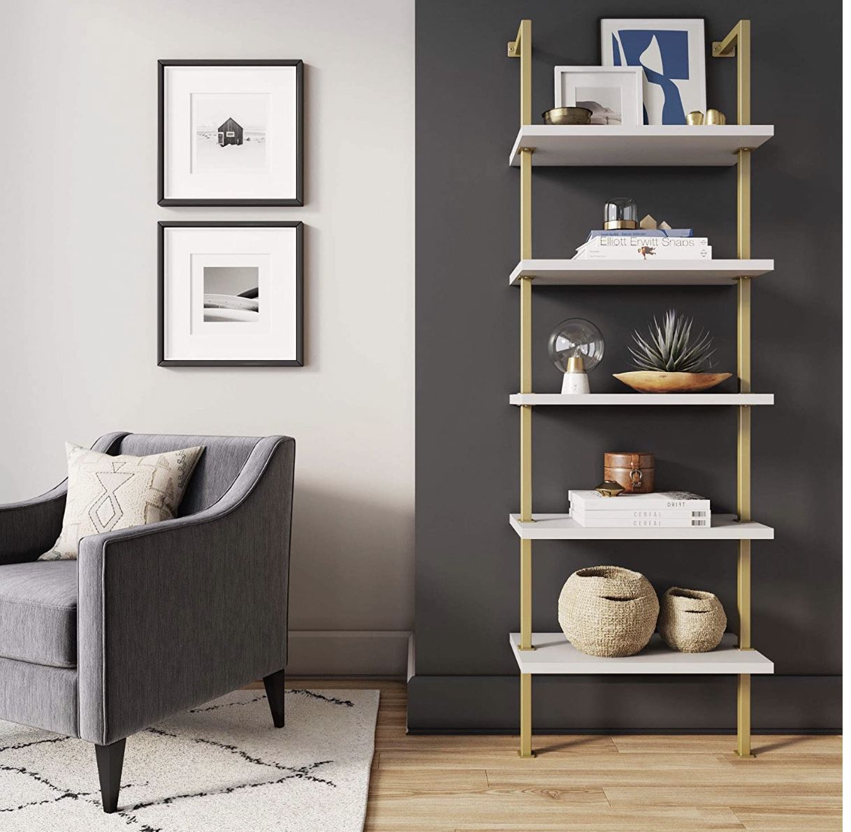 5-Shelf Ladder Bookcase with Brass Metal Frame, 5-Tier, White