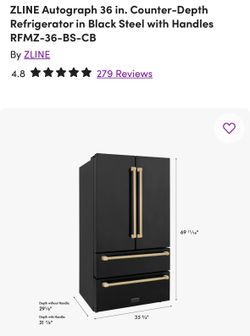Luxury ZLINE Autograph 36” Counter-Depth Refrigerator – Matte Black Steel with Champagne Bronze Handles