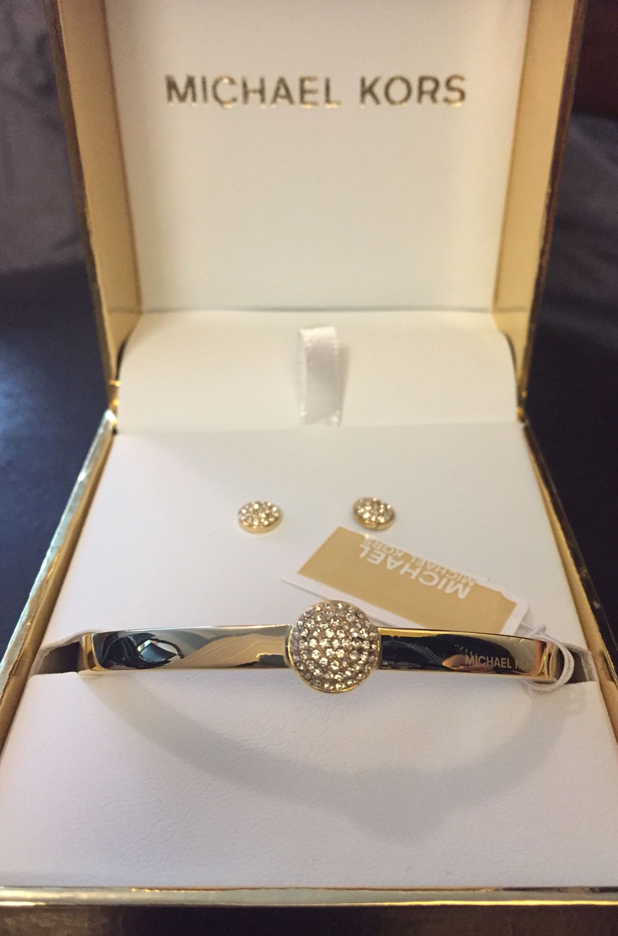 MICHAEL KORS GIFT SET Gold Bangle Bracelet Earrings Crystals MKJ5934710 + BOX