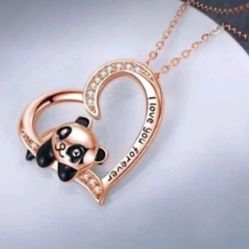 BRAND NEW IN PACKAGE 14K ROSE GOLD PLATED CLEAR OPAL CUBIC CZ ZIRCON PANDA IN HEART STATEMENT PENDANT NECKLACE 