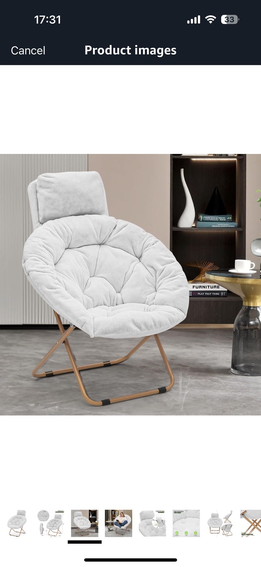 Magshion Round Folding Soft Faux Fur Moon Saucer Chair with Headrest, Large Reading Chair for Bedroom, Living Room & Dorm, Oversized, Metal Frame (Whi