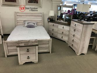 DISTRESSED WHITE COLOR 6PCS BEDROOM SET BED NIGHT STAND DRESSER AND MIRROR