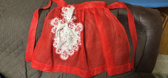 Vintage Hand Sewn Red Sheer Half Apron Floral Heart Hankie Pocket