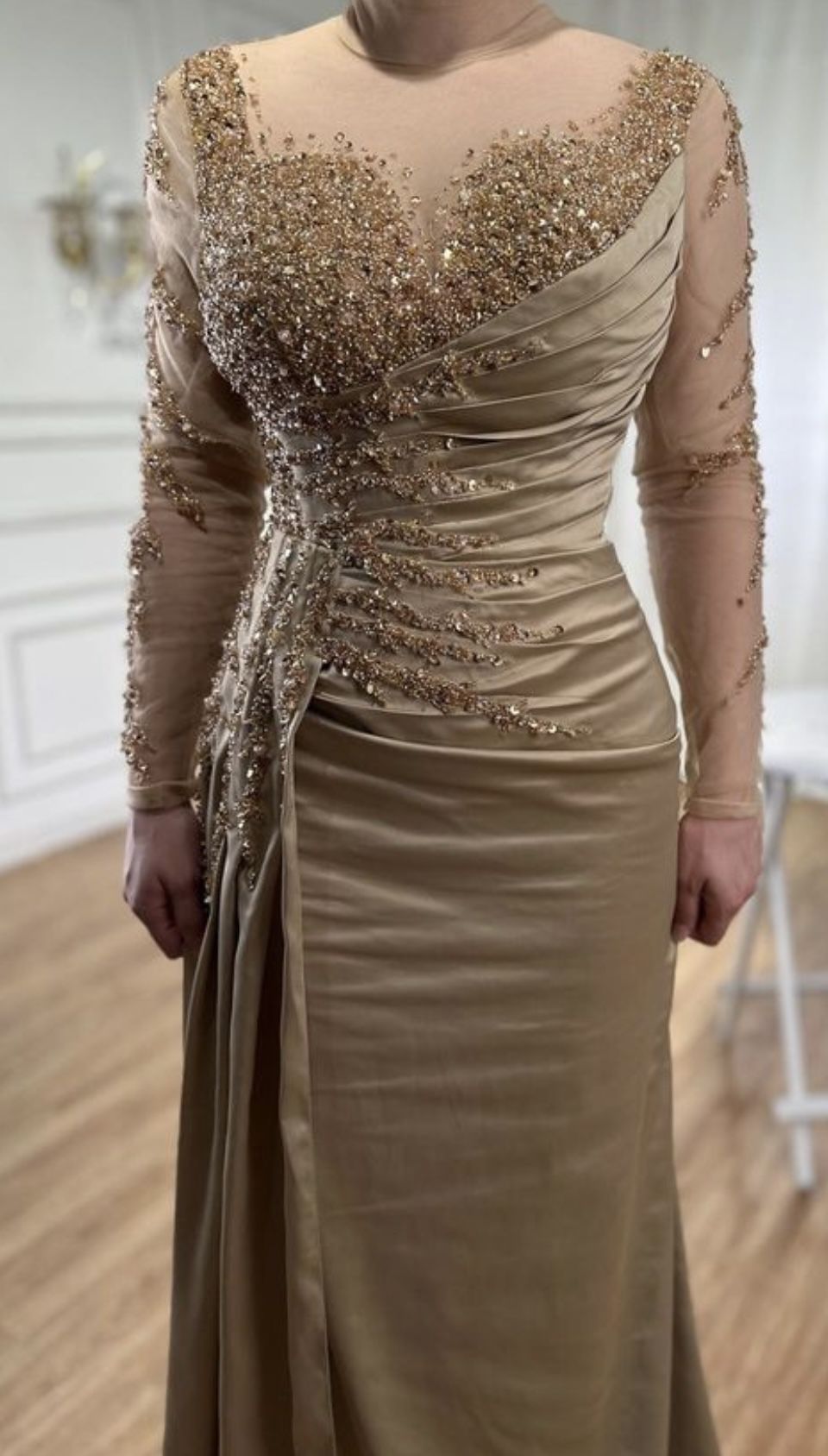 Gold Beaded Satin Dress With Side Tail 