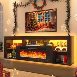 71'' Floating Fireplace TV Stand for 75/80''TV with 40'' Fireplace, LED Modern Black High Gloss Entertainment Center w/lights, Power Outlet, Adjustabl