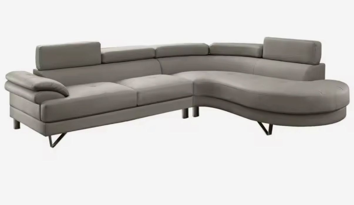 Sectional Sofa 2PCS Grey Faux Leather