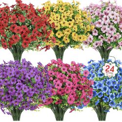 New Ouddy Decor 24 Bundles Artificial Flowers for Outdoors Fake Silk Flowers UV Resistant Faux Plastic Plants for Spring Summer Garden Porch Window Bo