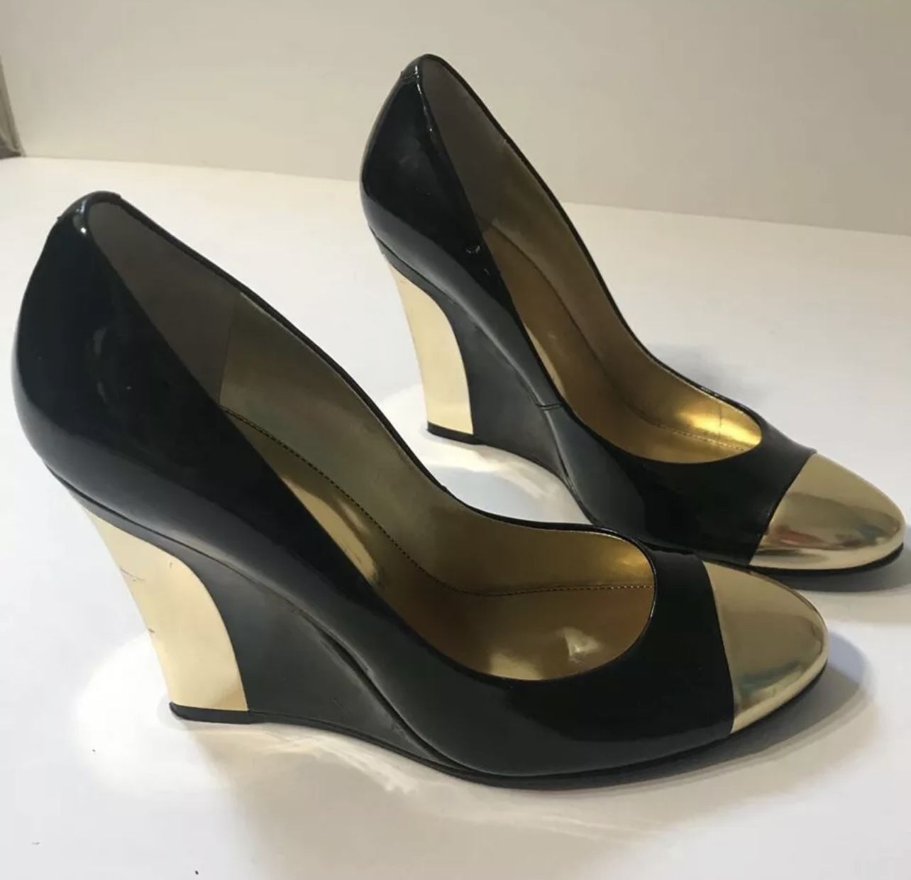 Used ladies Black/gold NEXT Closed Toe Shoes Size 7.5 Wedges.