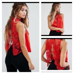 NWT Free People Tied To You Lace Sheer Back Fringe Cami Tank Top Ivory Red Sexy