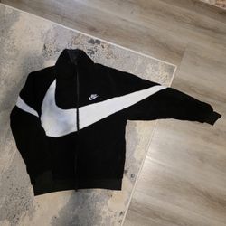 Nike Black Big White Swoosh Reversible Full Zip Boa Jacket LARGE