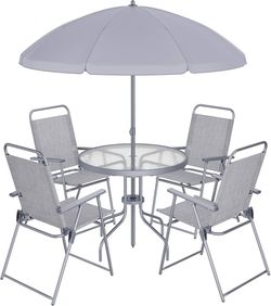 6 Piece Patio Dining Set with Umbrella, Outdoor Furniture Set with 4 Folding Chairs and Tempered Glass Top Dining Table fot Lawn Backyard Garden Porch