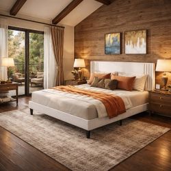 Full Bed Frame with Wingback Headboard, Upholstered Platform Bed with Modern Geometric Headboard, Wooden Slats, Noise-Free, No Box Spring Needed