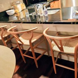Set Of 3 Wishbone Style Wood Bar Stools with Woven Seats
