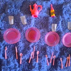 Barbie Vintage Pink Dinnerware Set Plates, Pitcher, Utensils, Cups
