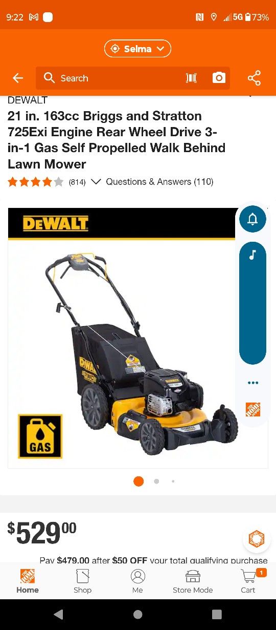New DeWalt 21"in    163cc. Rear Wheel Drive Gas Lawnmower 