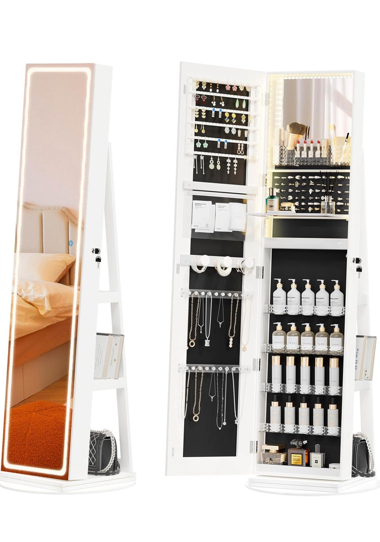 LED Mirror Jewelry Cabinet Standing, Jewelry Armoire with Full-Length Mirror and Adjustable LED Lights