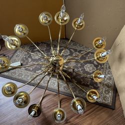  Polished Brass Chandelier Two Tier 15 Arm 36”D X 31”H & Chain 29”L (Very Heavy) $90 Firm On Price