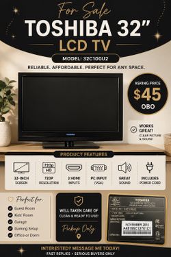 Toshiba 32” LCD TV Model 32C100U2