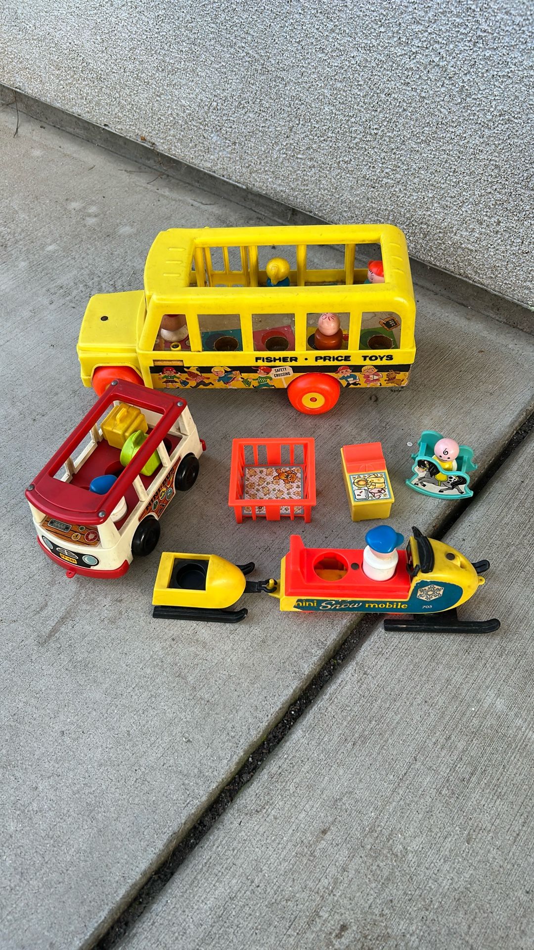 Vintage Fisher Price School Bus, Mini Bus, Snow Mobile And Baby