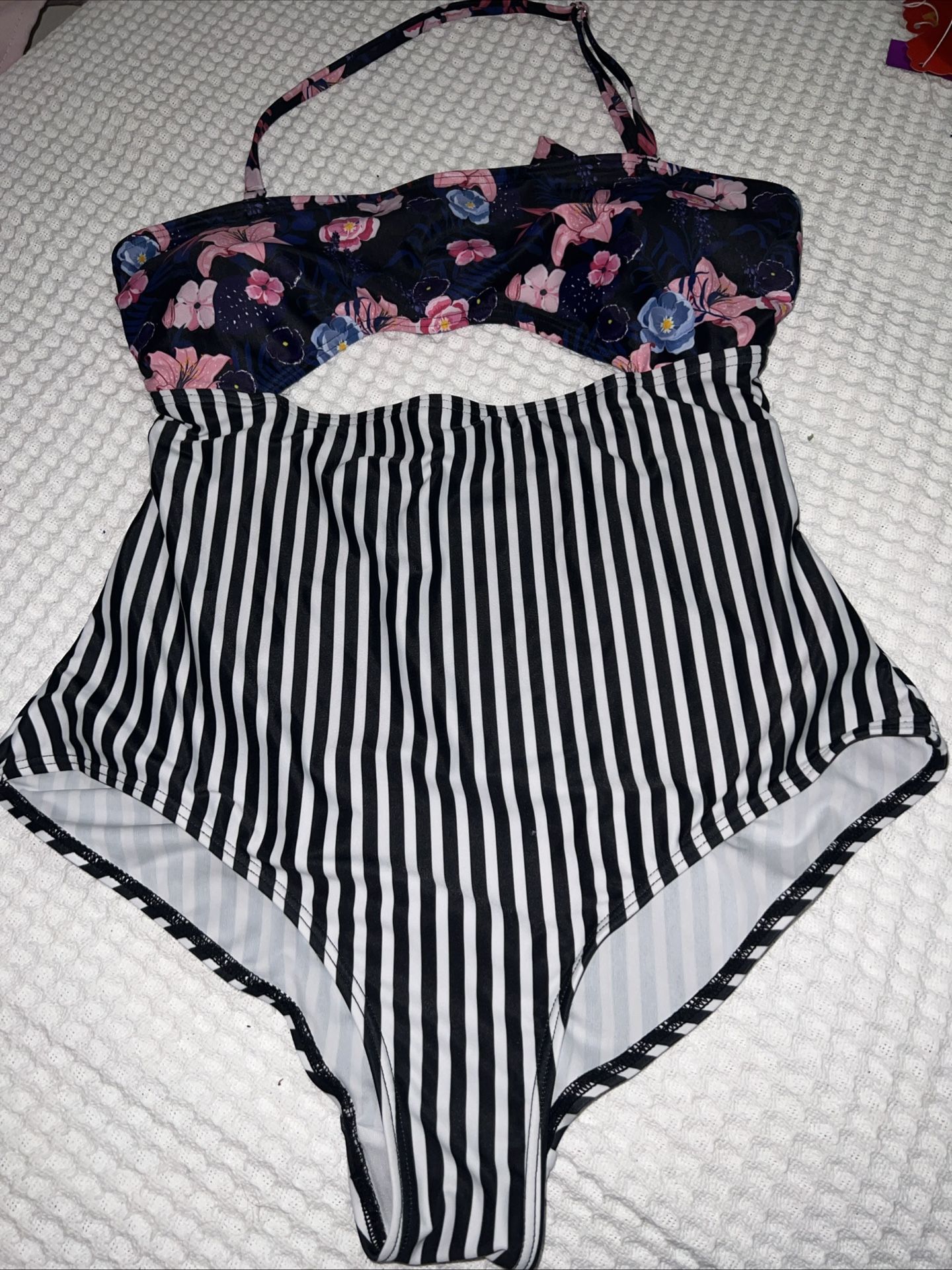 Floral Striped One Piece Swimsuit XL