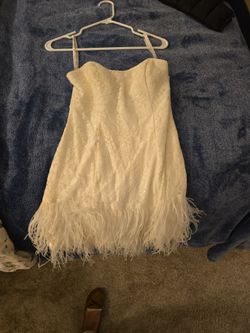 White Lace Mini Dress with Feather Hem