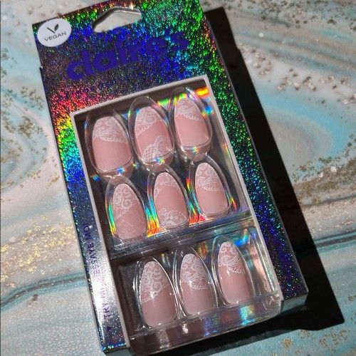 Claire's Soft Pink Faux Nails with White Lace Detail - 24 Pc Vegan Press-On Set