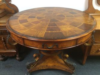 Theodore Alexander Inlaid Entry Table w/ Ornate Bronze Metalwork