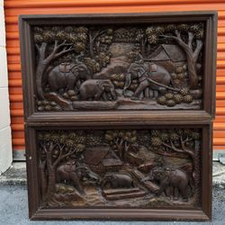 Elephant Art Carved Wood Blocks Vintage Handmade Set