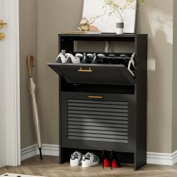 Shoe Storage Cabinet with 2 Flip Drawers, Louvered Shoe Cabinet for Entryway, Narrow Hidden Storage Organizer Space Saving,black