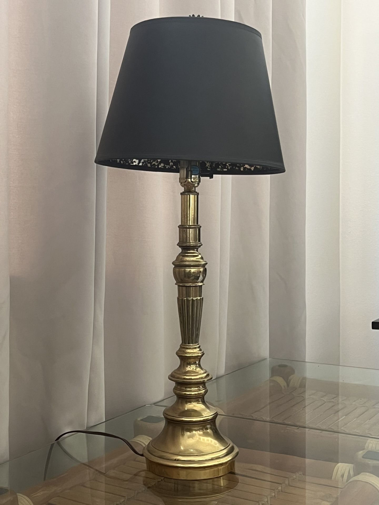 28” Height Brass Gold Base Table Lamp With Original Black Shade, High Table Lamp
