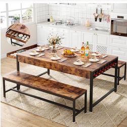  Loomie 63" Dining Table Set for 4-6, 3-Piece Kitchen Table with 2 Utensil Drawers, 2 Benches & Wine Rack, Modern Space Saving & Heavy Duty Dinner Tab
