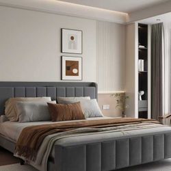 Bed Frame with Wingback Headboard, No Box Spring Needed, Easy Assembly, Platform Bed with Wooden Slats, Beige (King (U.S. Stan