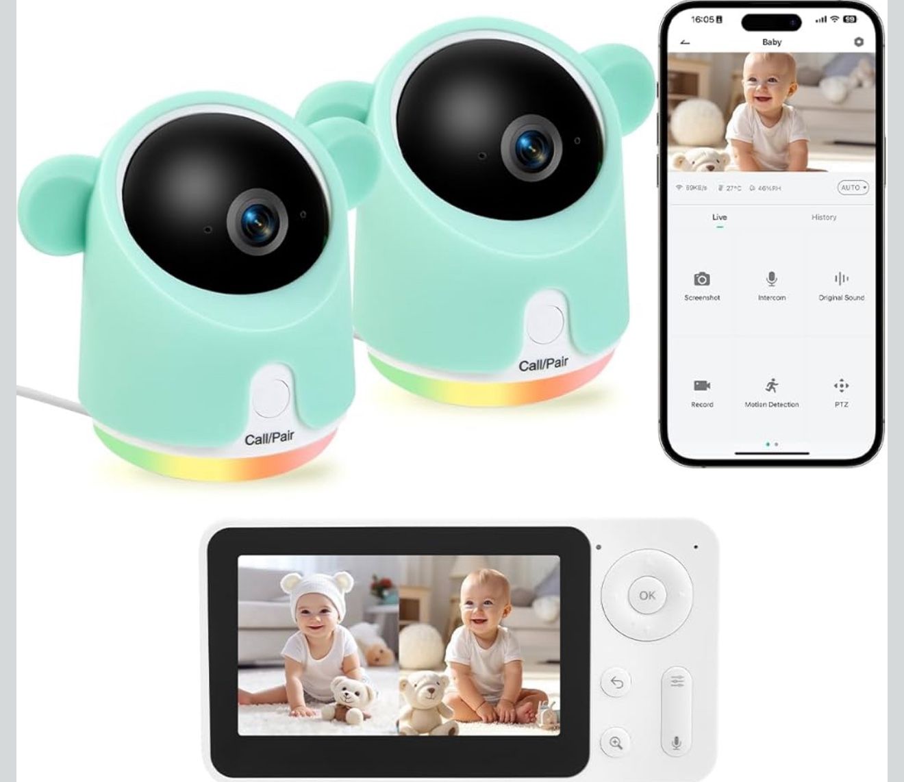 Baby Monitor with Camera and Audio, Split-Screen 1080P 2 Baby Cameras Lullabies WiFi Smartphone App Control Night Vision 4.3” Screen 2-Way Talk Temp&H